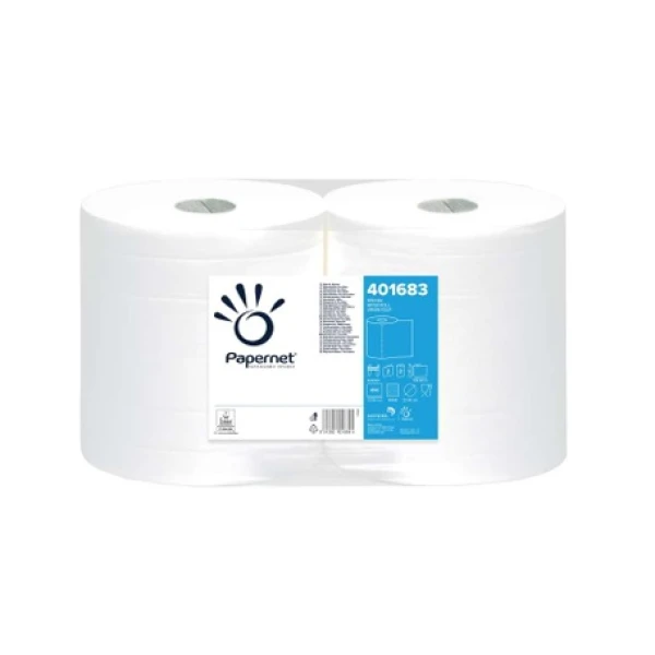 Rola industriala Papernet, 401683, 2 straturi, alba, 136 m, 496 portii/rola, confectionat din celuloza pura, Ecolabel, 2 role/bax