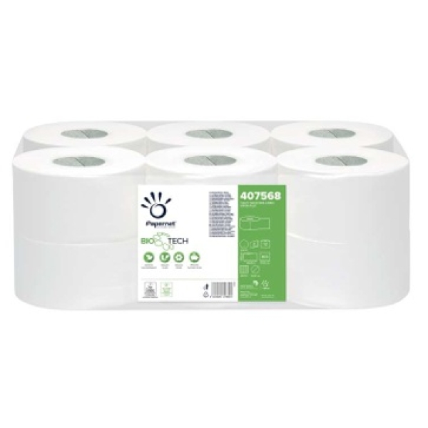 Hartie igienica, mini jumbo Bio Tech Papernet 407568, alba, 2 straturi, 405 portii/rola, 149.85 m, 12 role/bax, compatibila cu dispensere 416160, 416145, Ecolabel