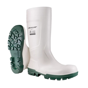 Cizme de protectie din PVC albe, cu captuseala din nylon, Dunlop, Work Is Safety (S4), toc absorbant de energie, talpa rezistenta la combustibili si uleiuri