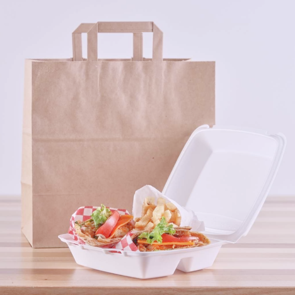 Punga hartie natur, delivery, take away, cu maner plat, 6 dimensiuni disponibile - 32x17x34.50cm - 250 BUCATAati / set