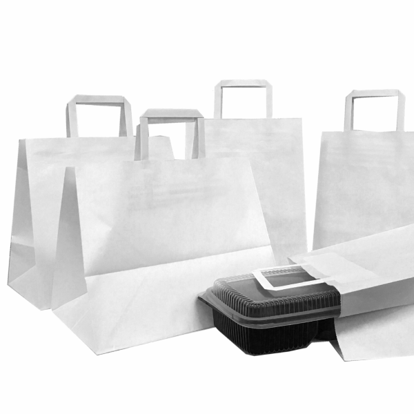 Punga hartie alba, delivery, cu maner plat, take away, 3 dimensiuni - 30x20x33cm - 250 BUCATA.