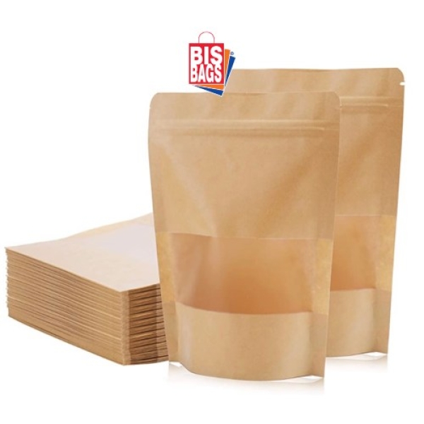 Pungi stand-up cu fereastra si fermoar NATUR - 16x27cm - 100 BUCATA.