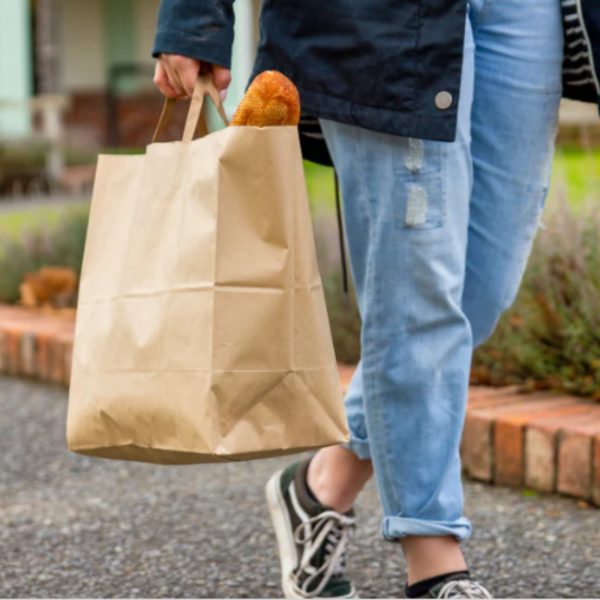 Punga hartie natur, delivery, take away, cu maner plat, 6 dimensiuni disponibile - 26x17x29cm - 250 BUCATA. (maner exterior)