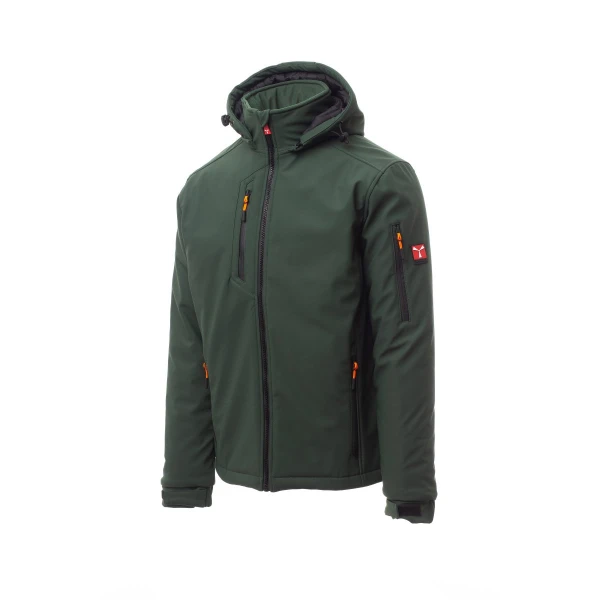 Jacheta impermeabila barbati softshell de iarna, gluga detasabila, elemente reflectorizante aplicate pe spate, la nivelul taliei si pe gluga, culoare military green, Payper Creek Ultralite Pad