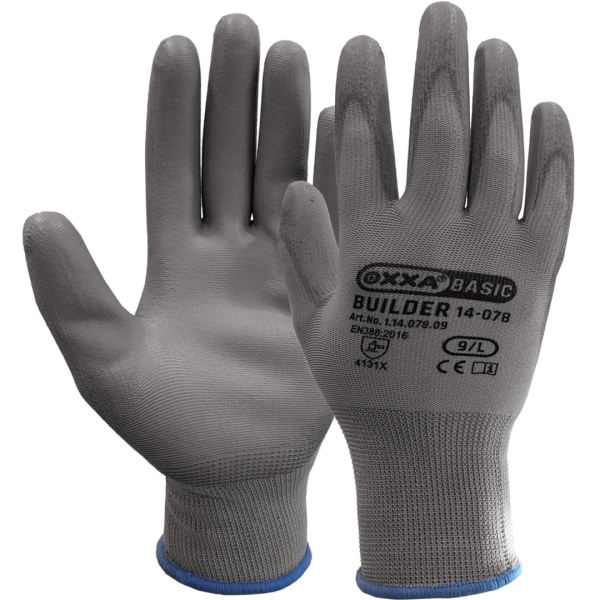 Manusi de protectie OXXA Builder 14-078, PU, gri, 7-11, din poliester, cu manseta elastica