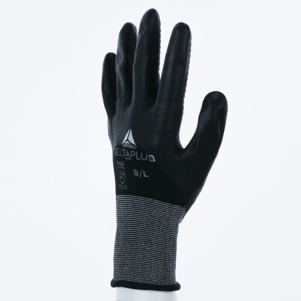 Mănușă tricotată cu strat protector - Poliester, Spandex - Nitril neted - Calibru : 15, culori: Negru