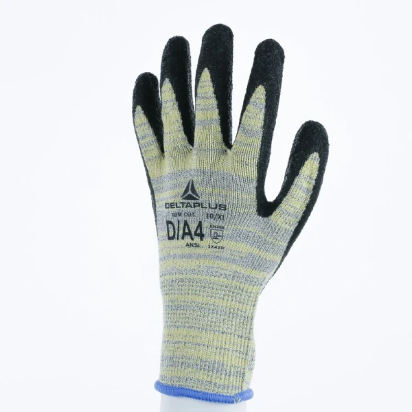 Mănușă tricotată cu strat protector - HEATnocut - Latex texturat aderent - Calibru : 10, culori: Galben-Gri-Negru