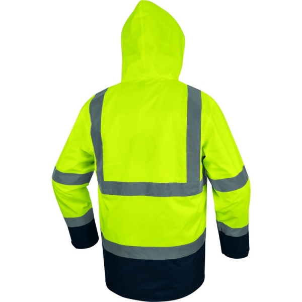 Geacă impermeabilă 5 în 1 de înaltă vizibilitate -  Oxford - 100% poliester - Acoperire poliuretanică | Căptuşeală: Tafta - 100% poliester, culori: Galben fluorescent-Bleumarin, Portocaliu fluorescent-Bleumar
