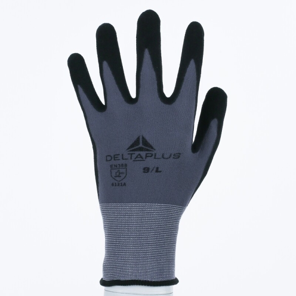 Mănușă tricotată cu strat protector - Poliamidă, Spandex - Polimer apă neted - Calibru : 15, culori: Gri-Negru