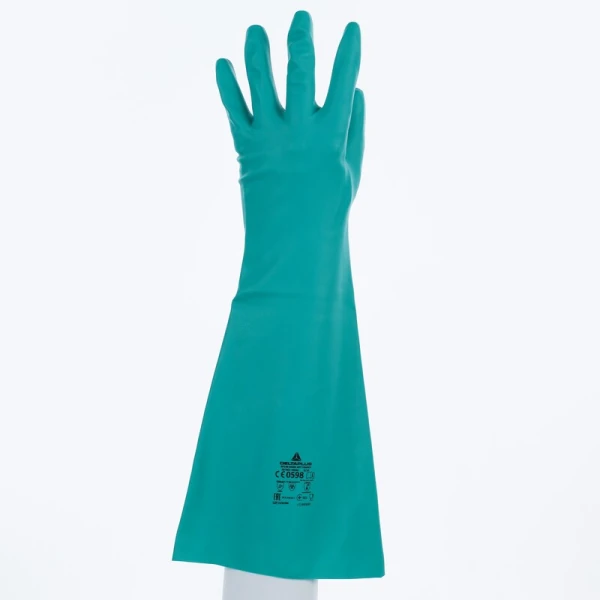 Mănușă impermeabilă fără fixare, neimpregnată cu pudră - Nitril neted - Lungime : 460 mm , culori: Verde
