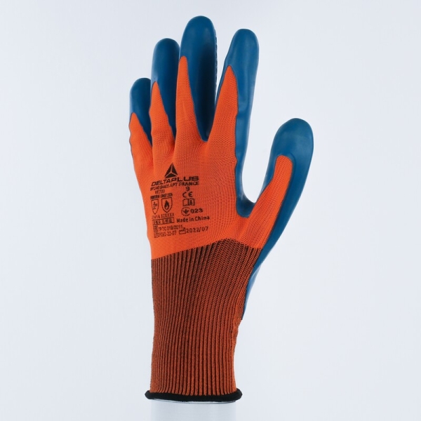 Mănușă tricotată cu strat protector - Poliester - Latex neted - Calibru : 13, culori: Portocaliu-Albastru