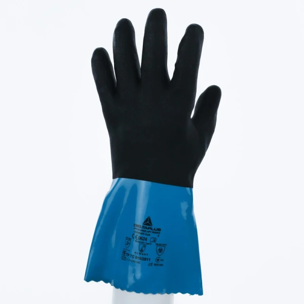 Mănușă impermeabilă cu fixare - Poliamidă - Strat dublu de nitril/PVC - Calibru : 18 - Lungime :  300   mm , culori: Albastru