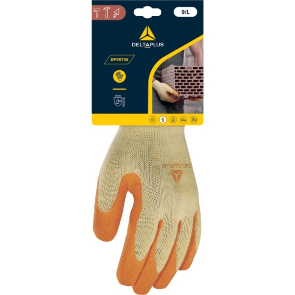 Mănușă tricotată cu strat protector - Poliester - Latex texturat aderent - Calibru : 10, culori: Galben-Portocaliu