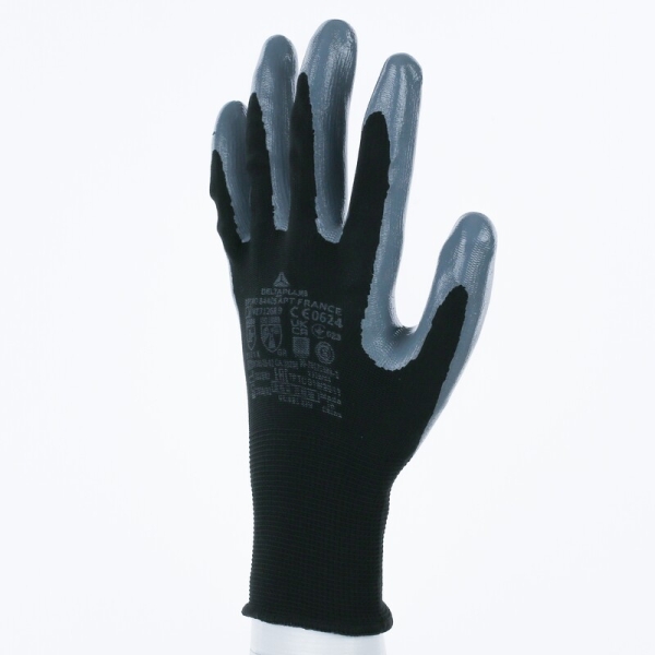 Mănușă tricotată cu strat protector - Poliester - Nitril neted - Calibru : 13, culori: Negru-Gri
