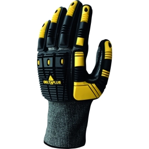 Mănușă tricotată cu strat protector - Elastan, Fibră de sticlă, Nailon, Poliester, Spandex - Nitril texturat aderent - Calibru : 18, culori: Galben-Gri-Negru