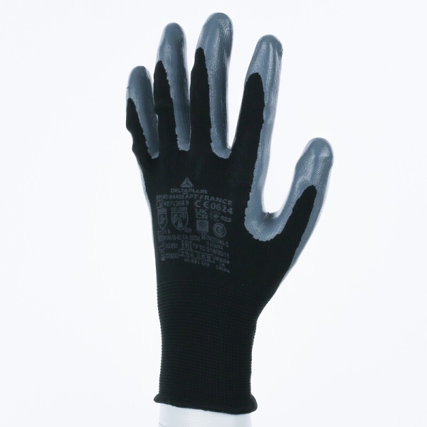 Mănușă tricotată cu strat protector - Poliester - Nitril neted - Calibru : 13, culori: Negru-Gri