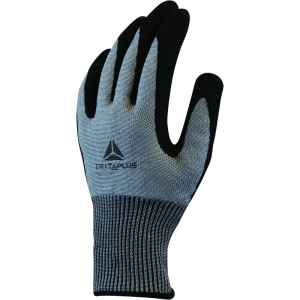 Mănușă tricotată cu strat protector - Fibră de sticlă, HDPE, Fibră de oțel - Nitril texturat aderent - Calibru : 13 - Pungă de 3, culori: Gri-Negru
