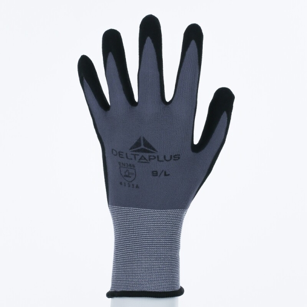 Mănușă tricotată cu strat protector - Poliamidă, Spandex - Polimer apă neted - Calibru : 15, culori: Gri-Negru