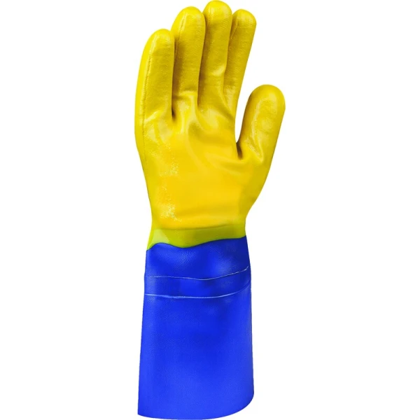 Mănușă impermeabilă cu fixare - Strat dublu de nitril - Lungime : 400 mm , culori: Albastru-Galben