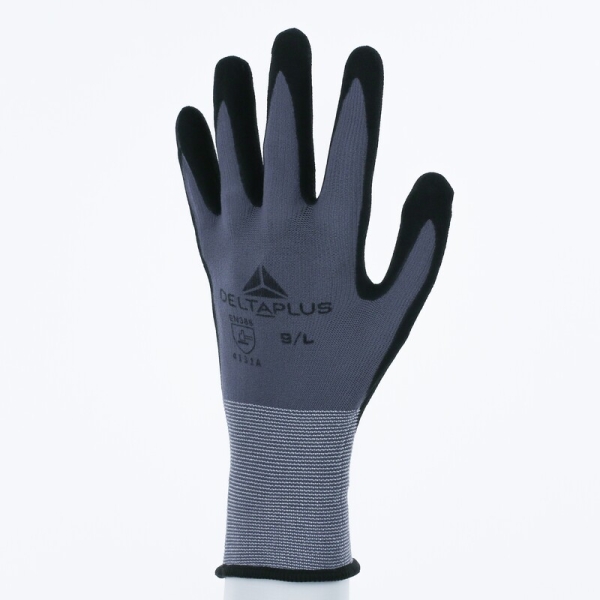 Mănușă tricotată cu strat protector - Poliamidă, Spandex - Polimer apă neted - Calibru : 15, culori: Gri-Negru