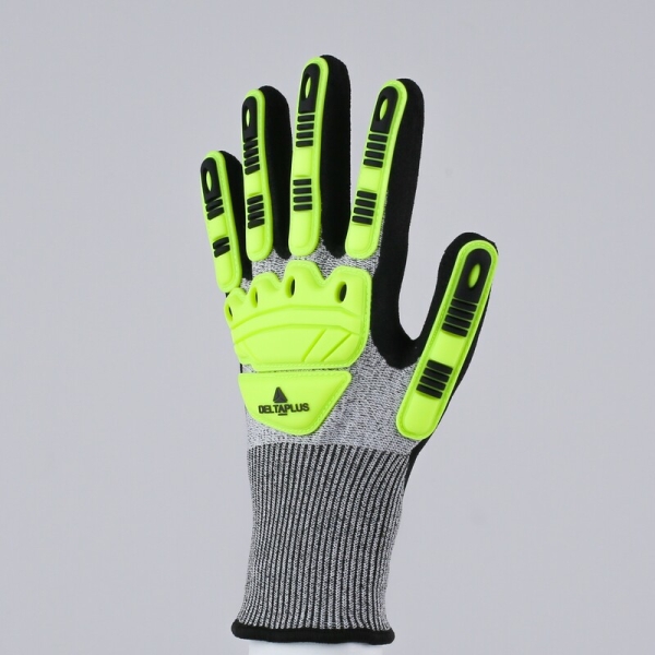 Mănușă tricotată cu strat protector - Elastan, Fibră de sticlă, Nailon, Poliester, Spandex - Nitril texturat aderent - Calibru : 15, culori: Galben
