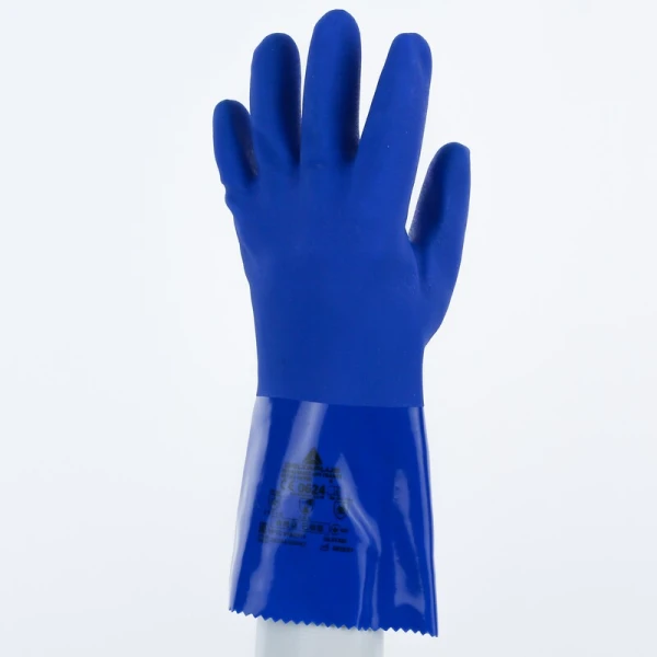 Mănușă impermeabilă cu fixare - Bumbac - PVC texturat aderent - Calibru : 13 - Lungime : 300 mm , culori: Albastru