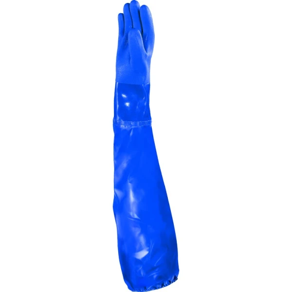 Mănușă impermeabilă cu fixare - Bumbac - PVC texturat aderent - Calibru : 13 - Lungime : 620 mm , culori: Albastru