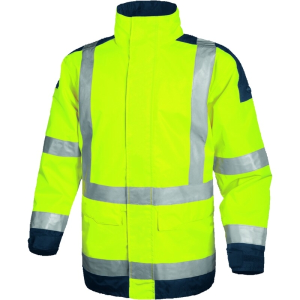 Geacă impermeabilă, de înaltă vizibilitate -  Oxford - 100% poliester - Acoperire poliuretanică | Căptuşeală: Tafta - 100% poliester, culori: Galben fluorescent-Bleumarin, Portocaliu fluorescent-Bleumar