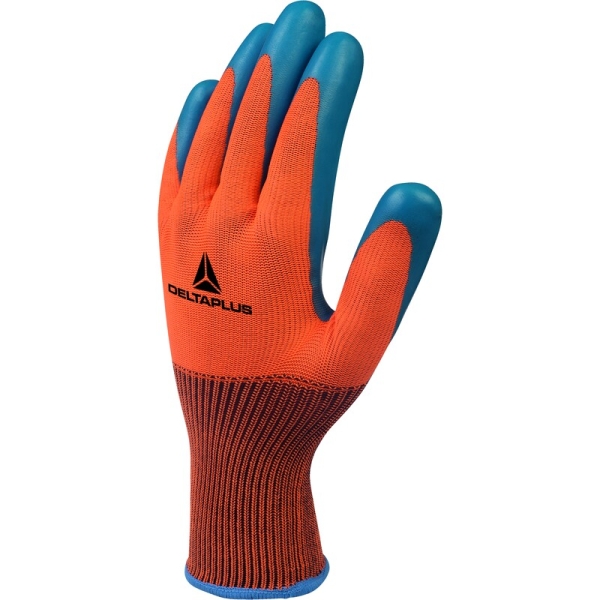 Mănușă tricotată cu strat protector - Poliester - Latex neted - Calibru : 13, culori: Portocaliu-Albastru