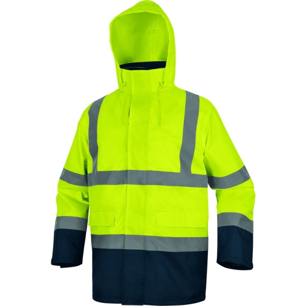 Geacă impermeabilă 5 în 1 de înaltă vizibilitate -  Oxford - 100% poliester - Acoperire poliuretanică | Căptuşeală: Tafta - 100% poliester, culori: Galben fluorescent-Bleumarin, Portocaliu fluorescent-Bleumar