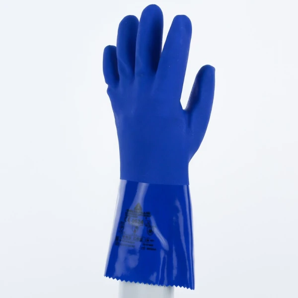 Mănușă impermeabilă cu fixare - Bumbac - PVC texturat aderent - Calibru : 13 - Lungime : 300 mm , culori: Albastru