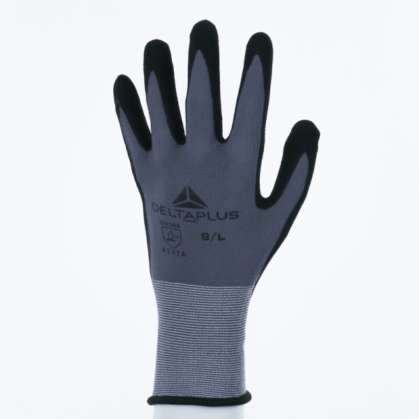 Mănușă tricotată cu strat protector - Poliamidă, Spandex - Polimer apă neted - Calibru : 15, culori: Gri-Negru