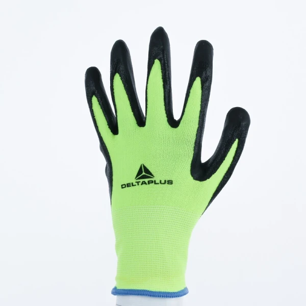 Mănușă tricotată cu strat protector - Poliester, Spandex - Spumă termoplastică, texturată, aderentă, de nitril - Calibru : 15, culori: Galben fluorescent-Negru