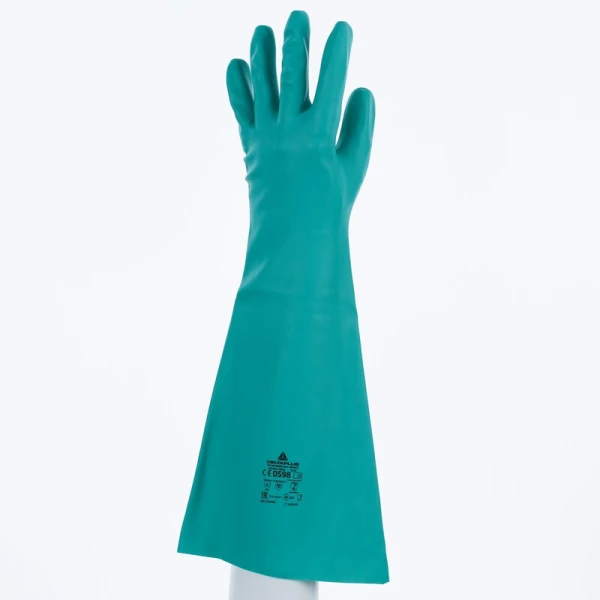 Mănușă impermeabilă fără fixare, neimpregnată cu pudră - Nitril neted - Lungime : 460 mm , culori: Verde