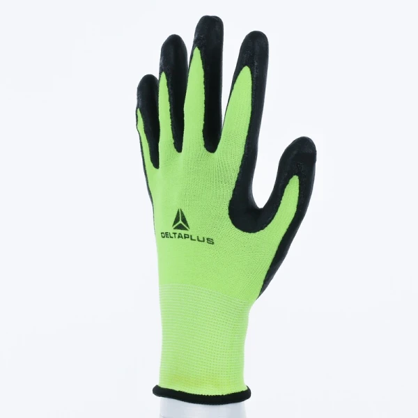 Mănușă tricotată cu strat protector - Poliester, Spandex - Spumă termoplastică, texturată, aderentă, de nitril - Calibru : 15, culori: Galben fluorescent-Negru
