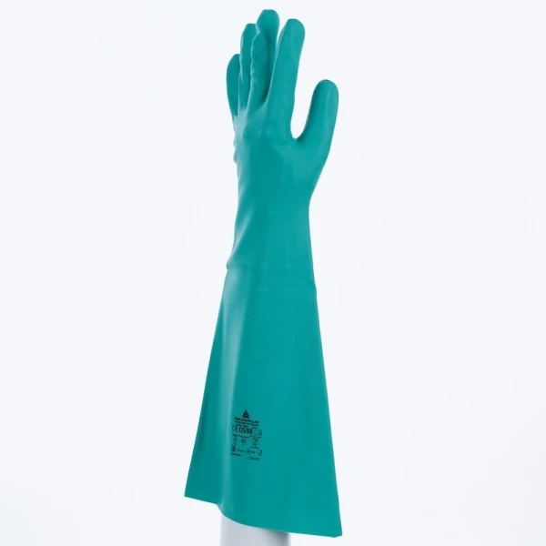 Mănușă impermeabilă fără fixare, neimpregnată cu pudră - Nitril neted - Lungime : 460 mm , culori: Verde