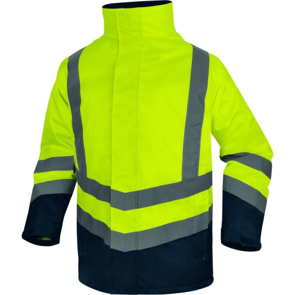 Geacă impermeabilă 5 în 1 de înaltă vizibilitate -  Oxford - 100% poliester - Acoperire poliuretanică | Căptuşeală: Tafta - 100% poliester, culori: Galben fluorescent-Bleumarin, Portocaliu fluorescent-Bleumar