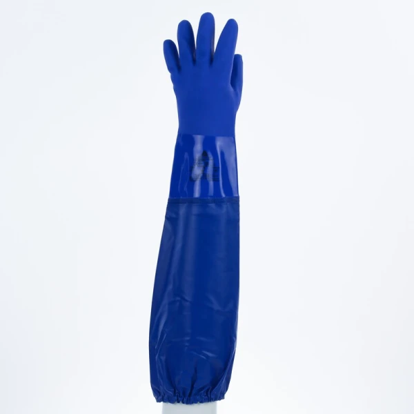 Mănușă impermeabilă cu fixare - Bumbac - PVC texturat aderent - Calibru : 13 - Lungime : 620 mm , culori: Albastru