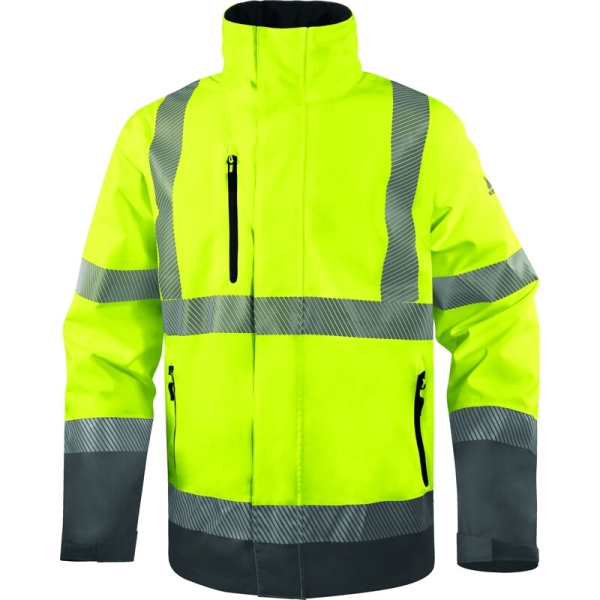Geacă impermeabilă, de înaltă vizibilitate -  Ripstop - 100% poliester - 2 straturi laminate, Membrană PU | Căptuşeală: Tafta - 100% poliester, culori: Galben fluorescent-Gri, Portocaliu Fluo-Gri