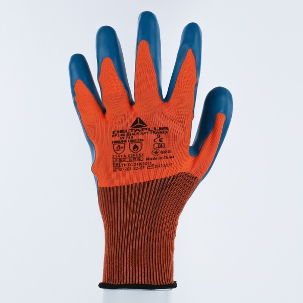 Mănușă tricotată cu strat protector - Poliester - Latex neted - Calibru : 13, culori: Portocaliu-Albastru