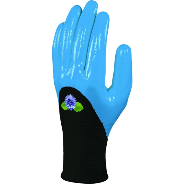 Mănușă tricotată cu strat protector - Poliester - Nitril neted - Calibru : 13, culoare Negru-Albastru