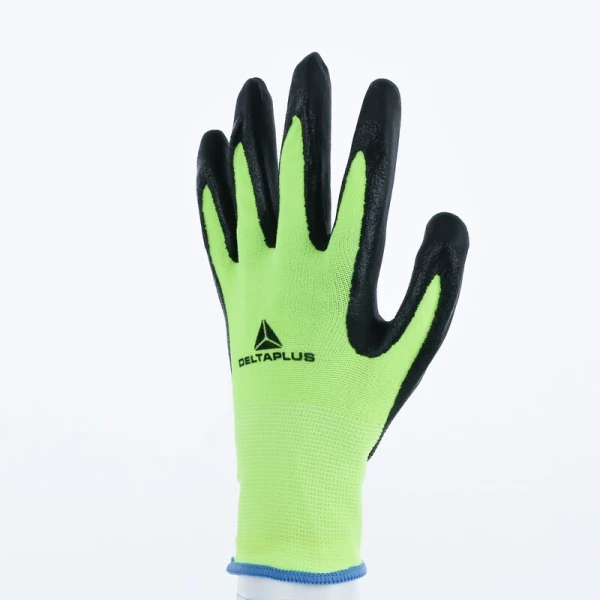 Mănușă tricotată cu strat protector - Poliester, Spandex - Spumă termoplastică, texturată, aderentă, de nitril - Calibru : 15, culori: Galben fluorescent-Negru