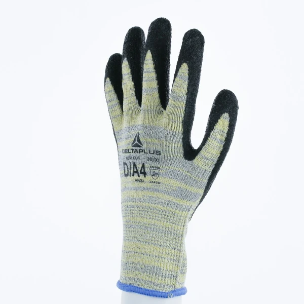 Mănușă tricotată cu strat protector - HEATnocut - Latex texturat aderent - Calibru : 10, culori: Galben-Gri-Negru