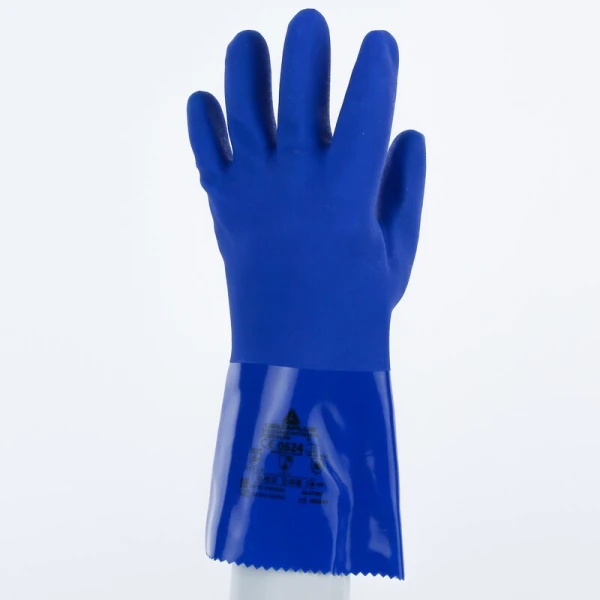 Mănușă impermeabilă cu fixare - Bumbac - PVC texturat aderent - Calibru : 13 - Lungime : 300 mm , culori: Albastru