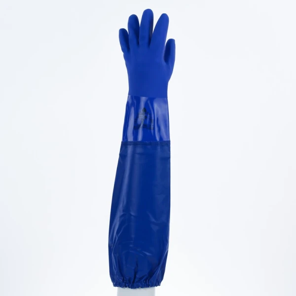Mănușă impermeabilă cu fixare - Bumbac - PVC texturat aderent - Calibru : 13 - Lungime : 620 mm , culori: Albastru