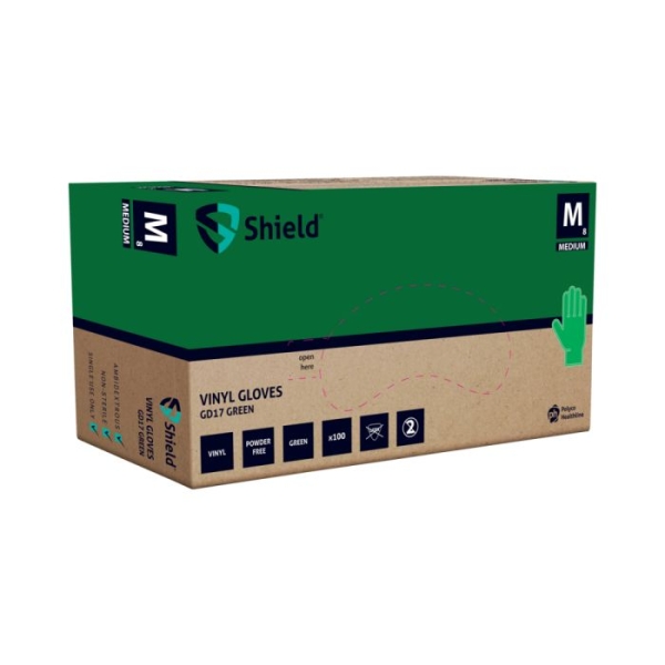 Manuși vinil de unică folosinta, nepudrate, GD17 SHIELD, verzi, 100 buc/cutie, 10 cutii/bax
