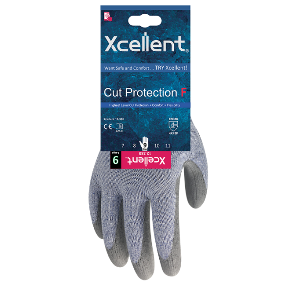 Manusi  MAXCUT poliuretan - tesatura(gauge) 13, cel mai inalt nivel de protectie la taiere - F, imersie poliuretan pe palma, functie "touch screen". EN388: 4X43F