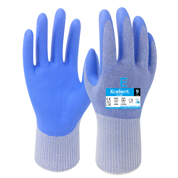 Manusi WORKSHIELD - tesatura(gauge)13, protecție la tăiere E, imersie nitril pe palma, certificare Food contact, functie "touch screenn",  EN388: 4X43E, EN407: X1XXXX.