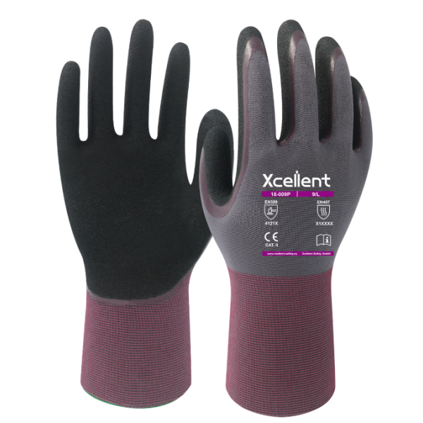 Manusi  LITE PRO, tesatura(gauge)18, rezistenta excelenta la abraziune, repelenta la apa si ulei, dubla imersie de nitril pe palma , rezistenta la temp de contact 100°C.  EN388: 4121X, EN407: X1XXXX